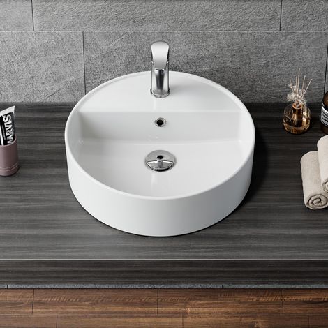 HOROW Vasque à poser, 42 cm Rond Lavabo à poser, blanc, Vasque lave mains avec trou pour robinet et trou de trop-plein (1/5)