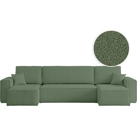 Canapé d'angle FARAH panoramique convertible 6 places en tissu bouclette - Vert foncé (1/5)