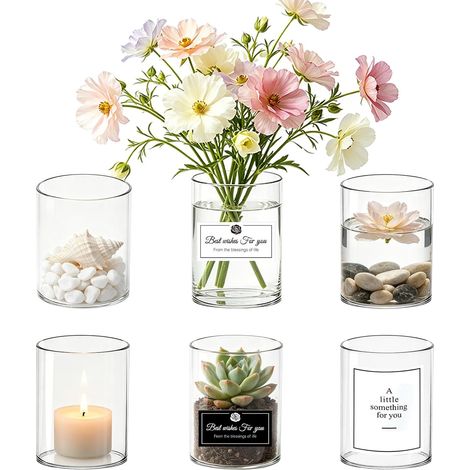 6 Pièces Vases Cylindriques en Verre,8×6.5 cm Vase en Verre Cylindrique pour Décoration de Table,Support de Bougie pour Pilier Flottante,Vase Transparent pour Fleurs Fraîches ou Décoration Minimaliste (1/5)