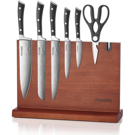 Kitchen Knife, 7 Piece Double Sided Magnetic Knife Block, Wooden Magnetic Knife Holder with Extra Strong Magnet, Acacia Magnetic Knife Holder Blocks with Sharpener (1/5)