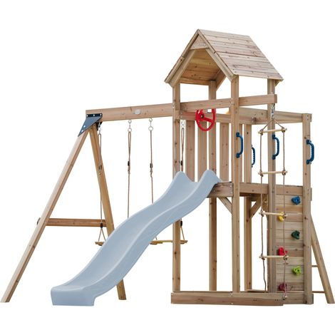 Axi Moos Aire De Jeux En Bois Avec 2 Balançoires, Toboggan Bleu Pastel, Echelle En Corde / Aire De Jeux Extérieur Avec Balançoires/ Bac À Sable/Mur D'Escalade  Portique Balançoire/Jeux En Bois Extérie
