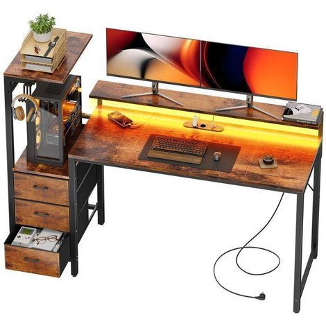 EcoFurnix Bureau gaming with LED 152 cm – Computer desk with monitor stand, storage shelf, and fabric drawer – Brown