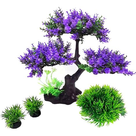 Decorazione per acquario con piante artificiali in plastica, set di decorazioni con alberi ed erba, accessori per nascondigli per acquario
