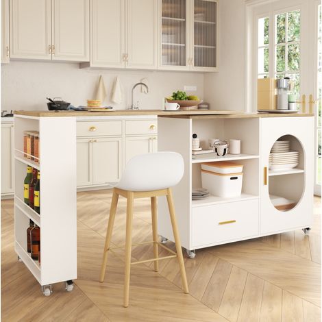 MODFU – Isla de cocina móvil 120-180 cm de MDF con tablero giratorio 360°, compartimentos y 9 ruedas de las cuales 4 con freno – Natural/blanco (1/5)