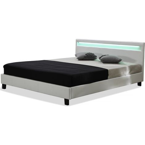 Habitat Et Jardin – Lit LED Maria 160 x 200 cm – Blanc – Simili cuir – Sommier inclus – Télécommande avec 3 couleurs LED – Design moderne (1/3)
