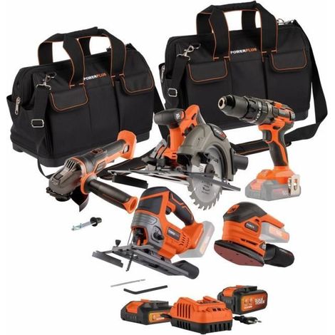 4er Werkzeugset - DUAL POWER - 20 V - Bohrschrauber + Winkelschleifer + Hand-Schleifer + Kreissäge - 2 Batterien