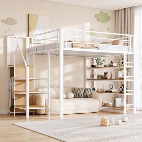 Cama alta 140 x 200 de metal blanco con escalera de almacenaje y armario, OKWISH (1/5)