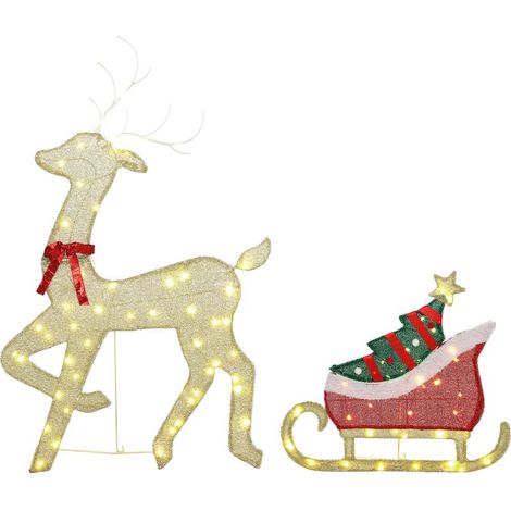 Renne lumineux avec traîneau, décoration de Noël extérieure plate, 95 LED blanc chaud, 8 modes d'éclairage, minuterie (1/5)