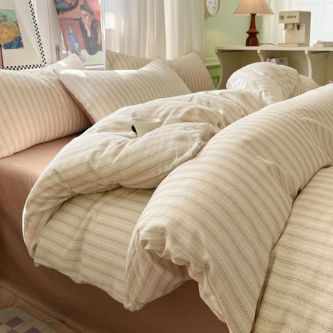 Parure de lit 135 x 200 cm en coton beige marron rayé moderne réversible style maison de campagne rayé doux Housse de couette et taie d'oreiller 80 x 80 cm Fermeture éclair (1/5)