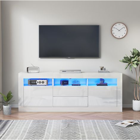 TV-Schrank aus Spanplatte in Weiß, Hochglanz-Front, 160,0 x 35,0 x 60,0 cm, mit LED, 3 offenen Fächern, 2 Türen, 2 Schubladen (1/5)