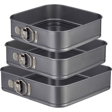 Relaxdays – Set de 3 moules à gâteaux carrés en acier au carbone – Charnière démontable pour un démoulage facile – 24, 26 & 28 cm – Lavable à la main