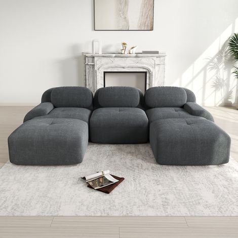 Ecksofa aus Cordstoff Grau, modular, rahmenlos, montagefrei, mit breiten geschwungenen Armlehnen (1/5)
