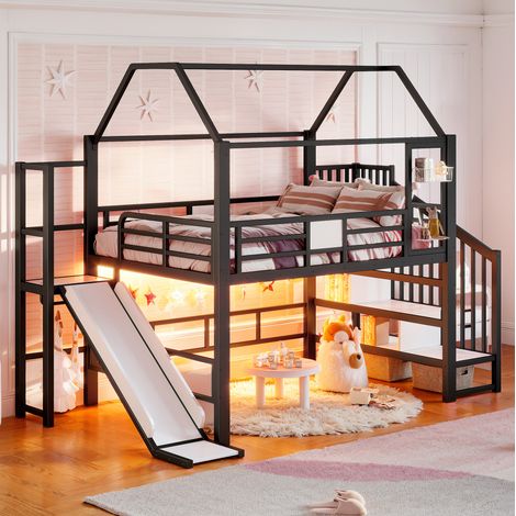 Cama alta infantil de metal negra 140 x 200 cm con tobogán, escalera y LED Bluetooth (1/5)