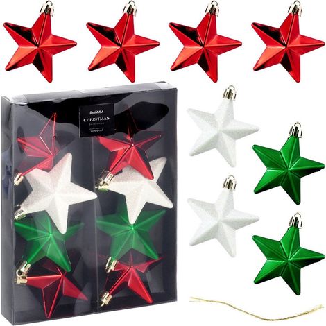 Adornos navideños irrompibles para árbol de Navidad, estrellas rojas, verdes y blancas, 6,5 cm, 8 unidades. (1/5)