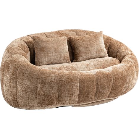 Canapé Compressé 2 places en tissu chenille, en mousse haute densité, avec 2 coussins, Marron