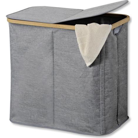 Double Panier à Linge Rectangulaire 90L - 2 compartiments - Tissu Polyester Gris - Livraison gratuite (1/2)
