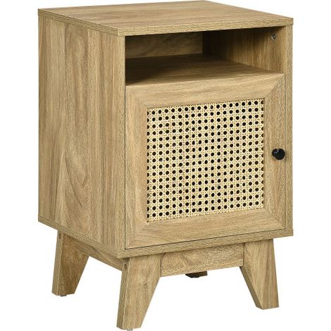 Natural Narrow Rattan Nightstand with Shelf and Cupboard,Stylish Side End Table,Compact 39cmx35cmx60cm Design for Home Decor