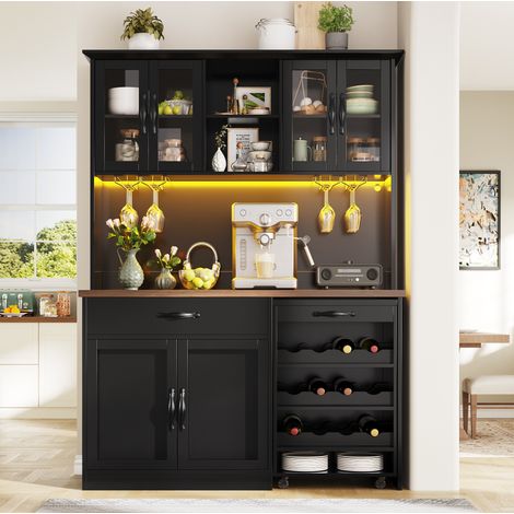 Buffet haut noir et bois avec LED, tiroir, portes vitrées et casier à vin, 140x38x180 cm (1/5)