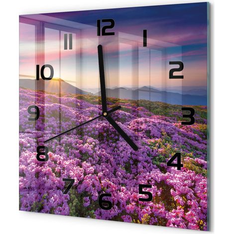 Horloge Murale Carrée Décorative en Verre Silencieuse Salon Cuisine Bureau Fleurs dans les montagnes 30x30 cm (1/5)