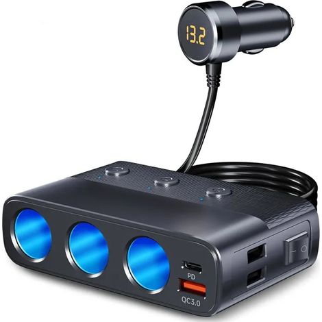 Chargeur Voiture Allume Cigare,Double Allume Cigare 120W, avec LED Voltmètre,QC3.0 & PD 20W Adaptateur Allume Cigare USB (1/4)