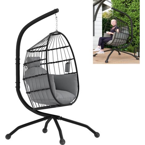 Fauteuil suspendu en forme d'œuf, chaise-panier suspendue d'extérieur, balancelle de terrasse avec coussin, fauteuil de lecture, idéal pour les pelouses et les jardins (gris)