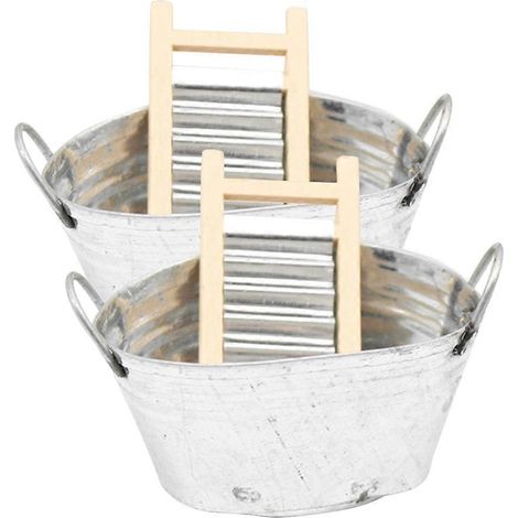 Ensemble de 2 mini-lavabos, planches à laver et seaux décoratifs pour maison de poupée. Meubles miniatures. (1/5)