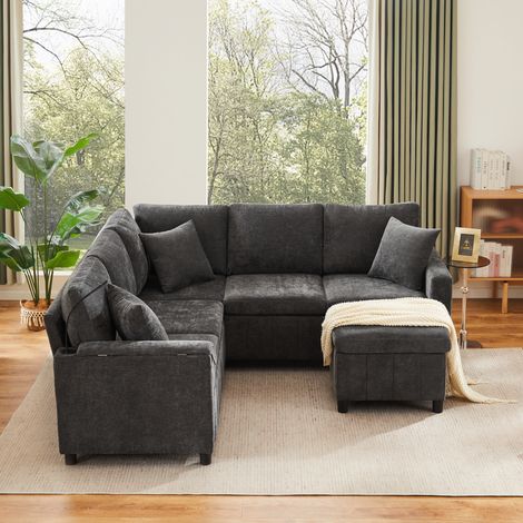 Canapé d’angle convertible 4 places avec pouf coffre 205x205x85cm,USB et Type-C,canapé-lit avec lampe et table pliante,chenille,gris (1/5)