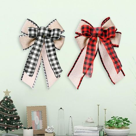 Ribbon - Bow Noël - Motif Carreaux Buffalo - En Toile de Jute - Pour Arbre À Noël Guirlande Couronne - Rouge Noir - 2 Pièces (1/5)