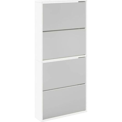 Un meuble à chaussures avec quatre étagères et un miroir, mesurant 63x17x134 cm, blanc. (1/5)