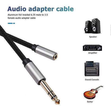Adaptateur audio avec prise jack stéréo mâle 6,35 mm 1/4" vers femelle 3,5 mm 1/8", adapté aux amplificateurs, guitares, pianos à clavier et systèmes home cinéma jusqu'à 150 cm de longueur. (1/4)