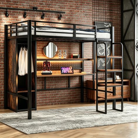 REDOM - Letto a soppalco 90x200 cm con scrivania, armadio, mensola, LED multicolore, MDF e metallo nero (Senza materasso) (1/5)