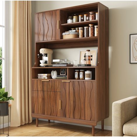Aparador alto con puertas, cajón y estantes abiertos en madera oscura, 100 x 32 x 170 cm, amplio almacenaje para cocina y salón comedor moderno – CHICFURN (1/5)