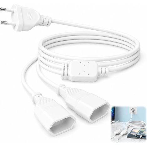 Câble d’Extension Double Tête Européenne 2 en 1 avec Prise Plate 0,75 mm² Max. 250V/2,5A Compatible avec Les Prises Européennes pour Intérieur TV, Moniteur, PC, Luminaire (0.5m,Blanc) (1/5)