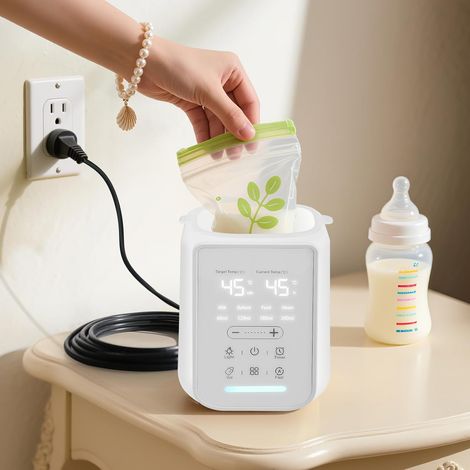 10-in-1 bottle warmer with smart thermostat and nightlight. Heats up quickly in 2-5 minutes, steam sterilizes, and automatically shuts off. For breast milk and formula.