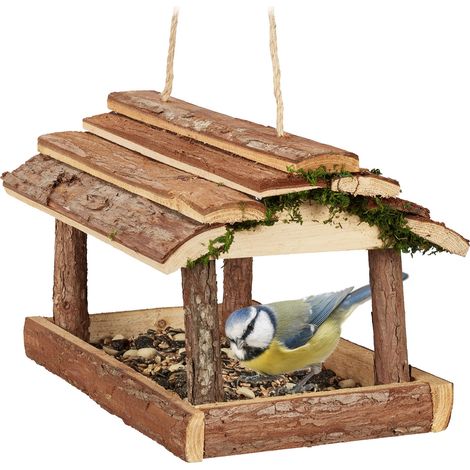 Relaxdays Vogelfutterhaus Holz, mit Rinde und Moos, zum Hängen, HBT: 19x21x23 cm, Futterspender Kleinvögel, natur