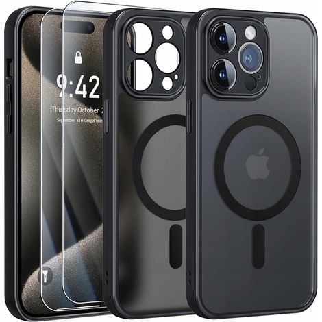 Funda MagSafe negra mate para Apple iPhone 16 Pro + 2 protectores de pantalla de cristal (1/5)