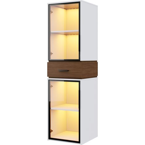 Vitrine en verre 40 x 40 x 200 cm avec éclairage LED multicolore et tiroir en finition noyer, meuble blanc polyvalent (1/5)