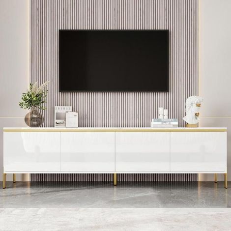Meuble TV - KOMHTOM - 170x38x50 cm - 4 portes - Blanc brillant - Pieds métalliques dorés, gestion câbles (1/5)