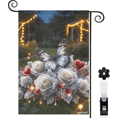 Drapeau de jardin décoratif 30 x 45 cm motif papillon et fleurs naturelles toile double face résistante (1/5)