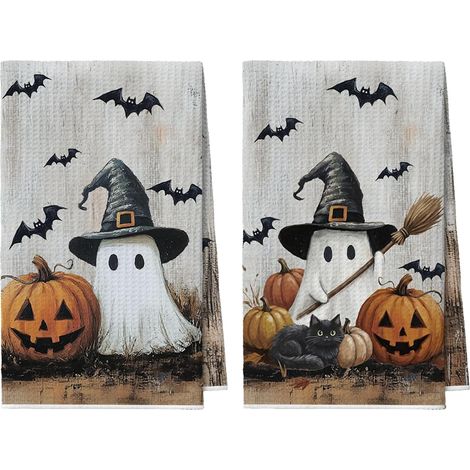Lot 2 Torchons de Cuisine Halloween Fantôme Citrouilles 42x65cm (1/5)