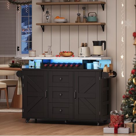 Carrito de cocina con led, bandeja abatible, 2 puertas y 3 cajones, negro, 120x60x93 cm (1/5)