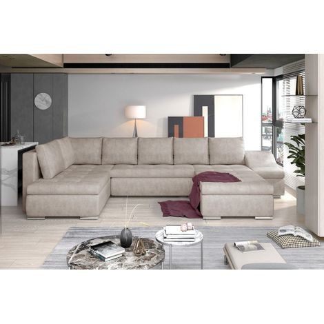 Canapé panoramique GYOVANI beige angle droit convertible mousse T30 (1/2)