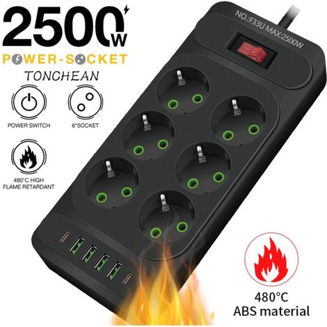 TONCHEAN Multiprise Murale 6 Prises et 4 USB avec 2 USB C, Electrique 12 en 1, Multiprise Secteur pour la Maison Le Bureau Noir (1/5)
