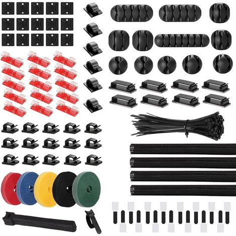 Kit de gestion de câbles, 210 pièces kit de gestion des cordons, supports de fermeture éclair, attaches de rangement de fils, manchons de câble, clips de câble, supports de câbles (1/5)