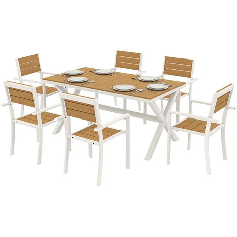 Outsunny Set Pranzo da Giardino 6 Persone, Sedie Impilabili, Alluminio, Teak