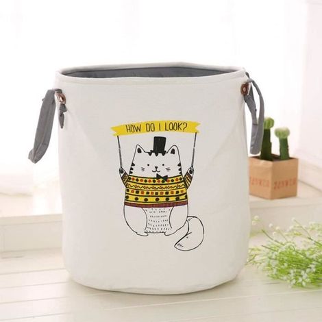 Panier à linge - Rond - Coton et Lin - 35x40cm - Chat Jaune (1/4)