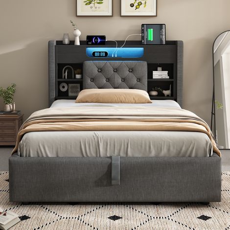 Lit Coffre Hydraulique 1 Place 90x200 cm équipé de LED, USB-C et Rangement, Tête de Lit avec Étagère, Sommier à Lattes, Lin - Gris (Sans matelas) (1/5)
