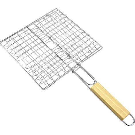 Panier de barbecue pour poisson – gril crevettes Acier inoxydable avec poignée en bois Outil cuisson résistant à la chaleur poissons, crevettes, légumes pliable --ARCAN (1/4)