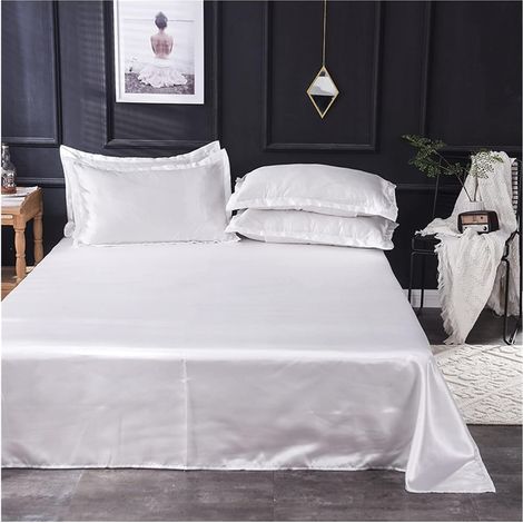 Draps en Soie Rafraîchissants Drap Plat Couleur Unie Glace Soie Satin Tissu literie Reine King Size Luxe Drap de lit draps et taies d'oreiller(Silver Gray,230x250cm) (1/4)