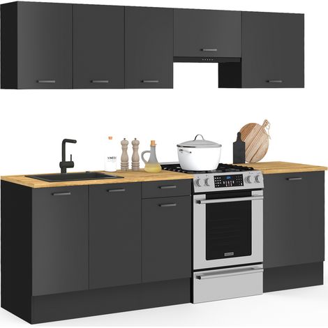 Idmarket – Cuisine complète 240 cm – 7 éléments noir et bois – Plan de travail 90 cm de hauteur – Étagères réglables 3 positions